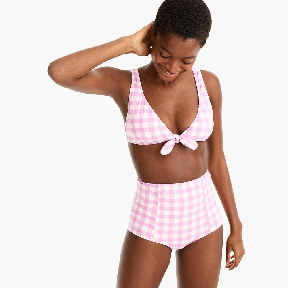 NWT J. Crew Pink and White Gingham High-Waist Bikini Sz M